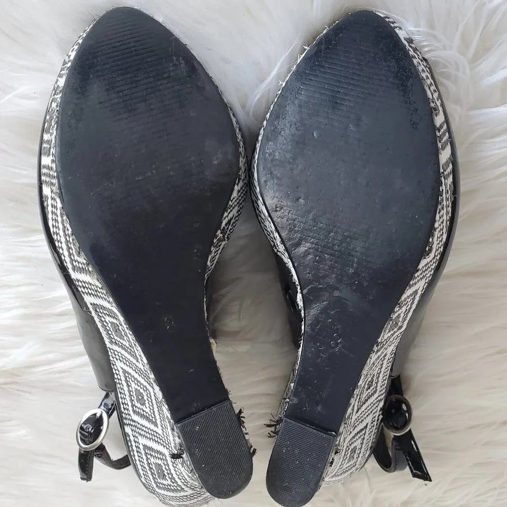 Audrey Brooke Black/White Espadrilles Peep Toe Wedge Sandals SZ 8